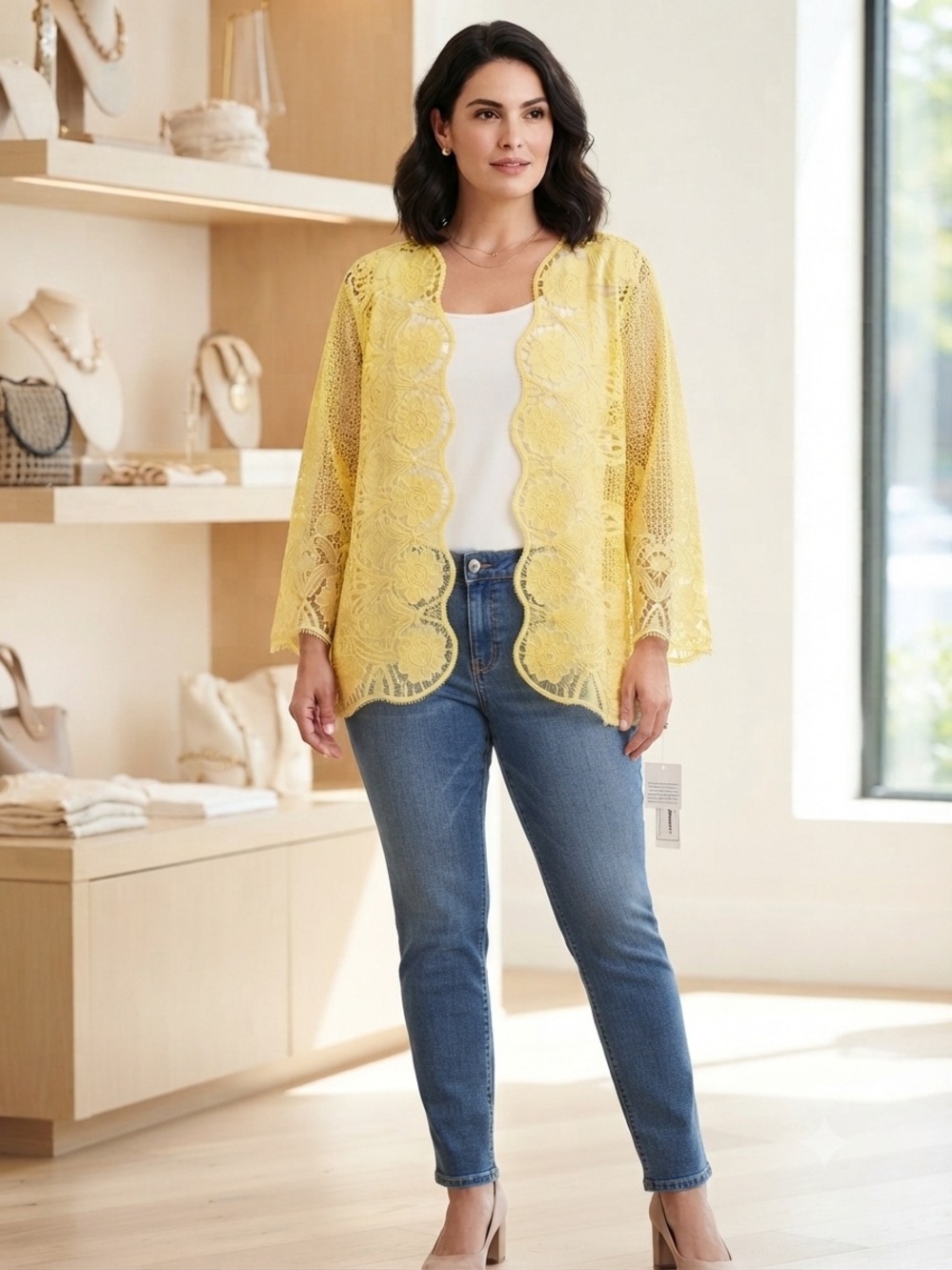 Alfred Dunner Yellow Lace Overlay Top with white tank NWT
